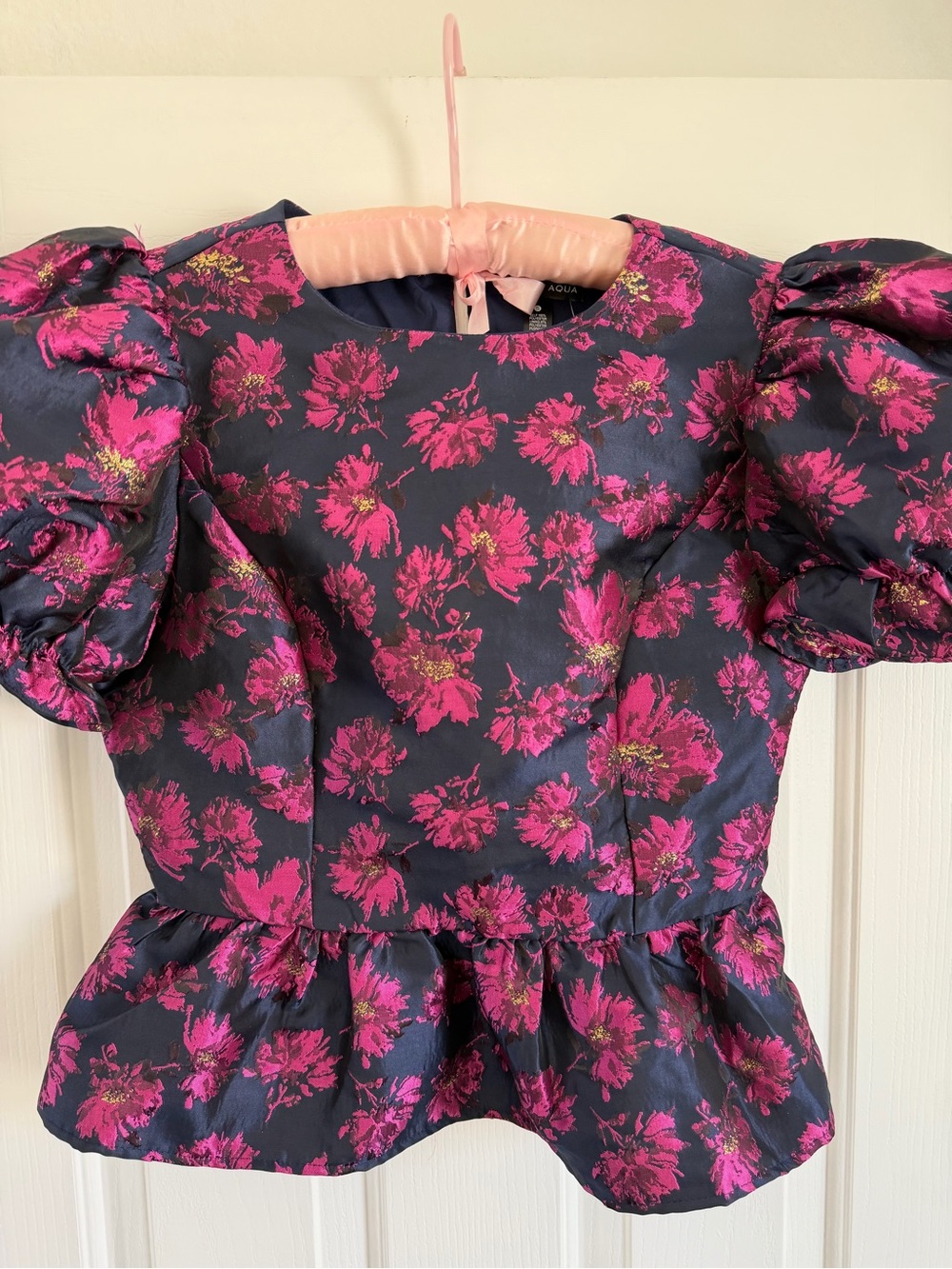 AQUA Navy Jacquar Peplum Top Size S - Picture 9 of 14